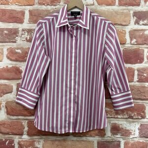 Foxcroft Top Women's 10 Pink Purple Striped Casual Career Button Front Shirt